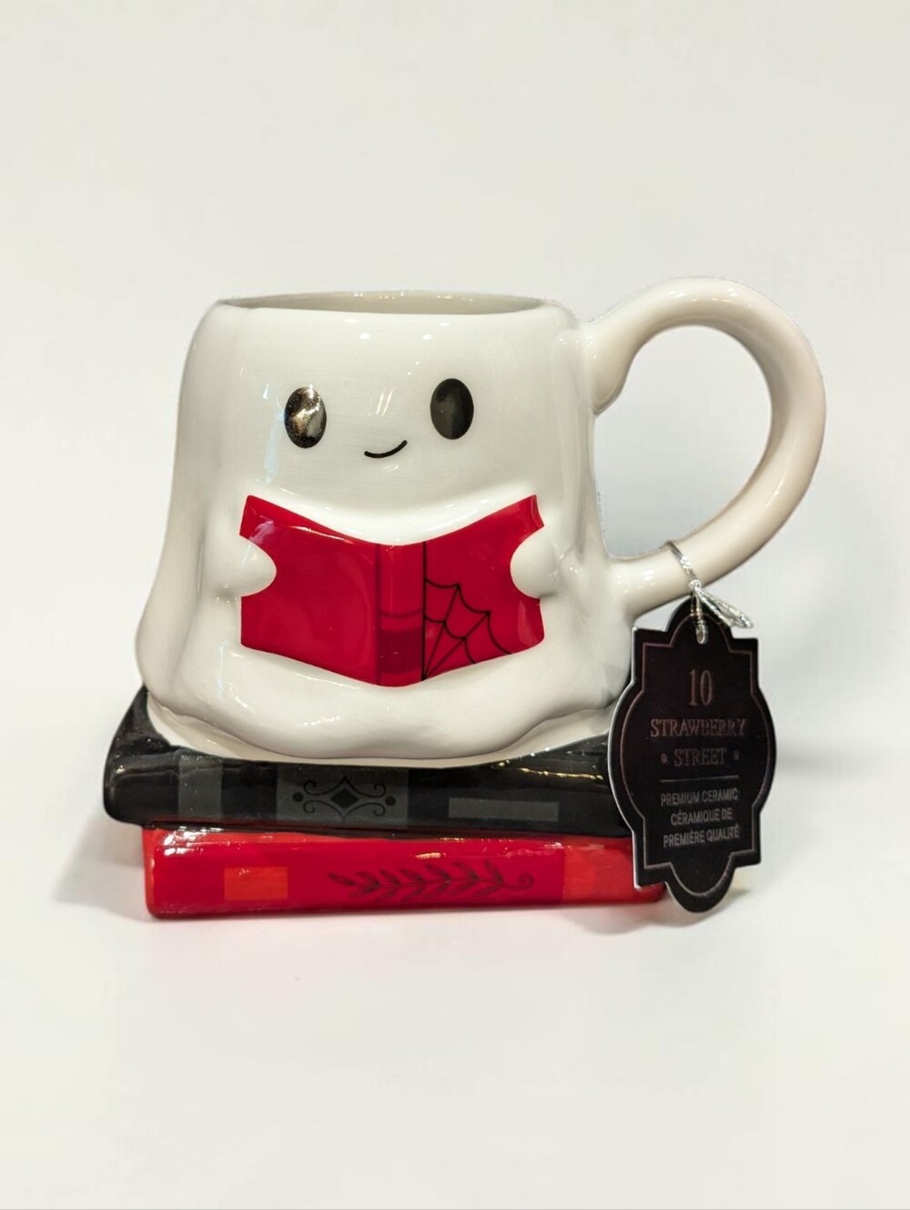 10 Strawberry Street Ghost Hovering Over Books Mug NWT 14oz
